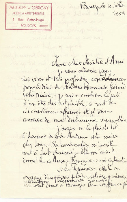 Jacques GÉRIGNY poète peintre lettre autographe  Rostand décès Rosemonde Gerigny
