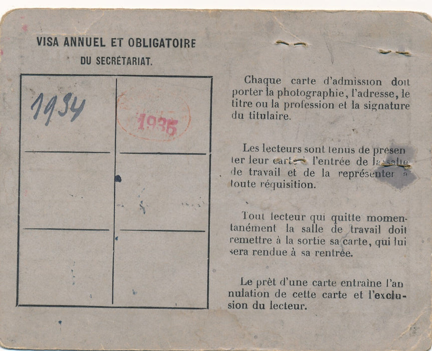 Bibliothèque nationale carte de lectrice 1934 photo identité Schola Cantorum