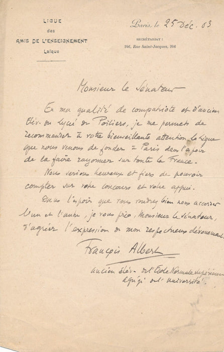 François ALBERT annonce création Ligue Enseignement Laïque lettre autographe
