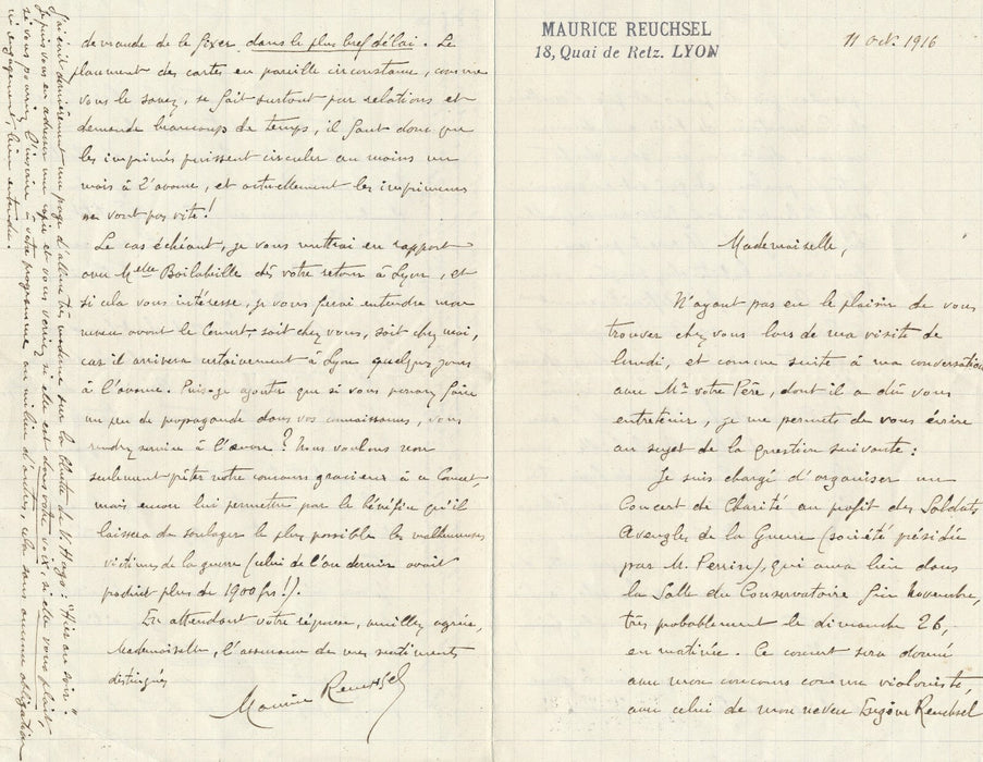 Maurice REUCHSEL Lettre autographe signée organisation concert et neveu Eugène