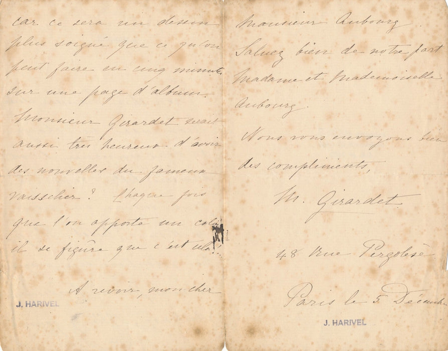 Épouse peintre Eugène Alexis GIRARDET lettre autographe signée Aubourg Normandie