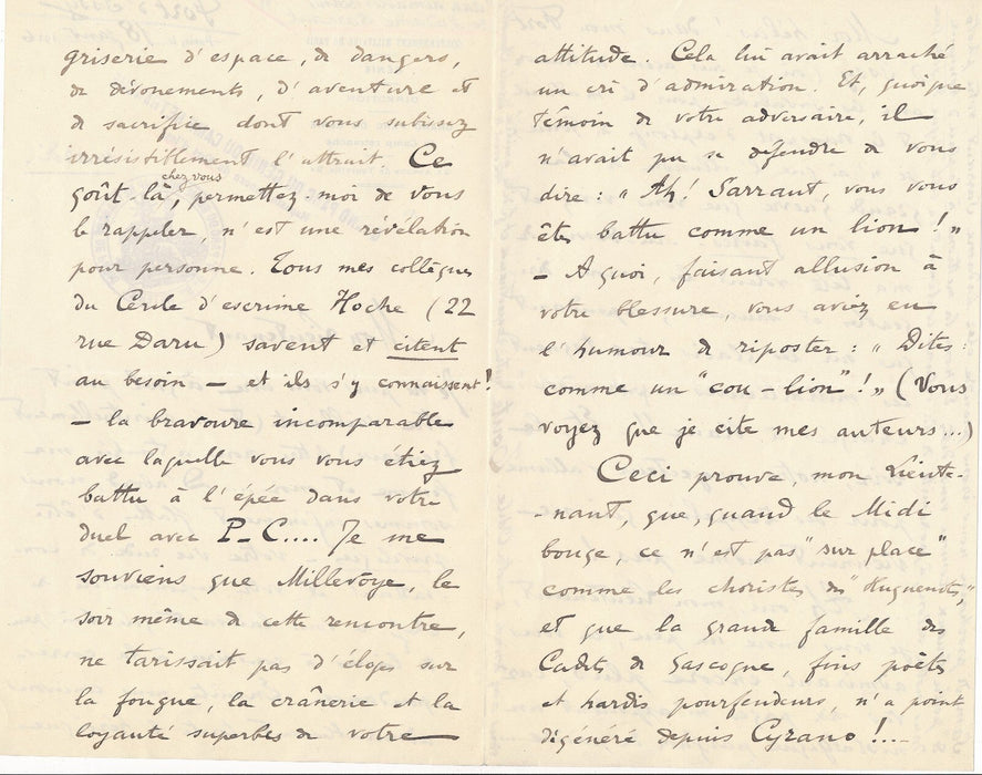 intéressante lettre autographe 1916 à Albert Sarraut duel Paul Pugliesi-Conti
