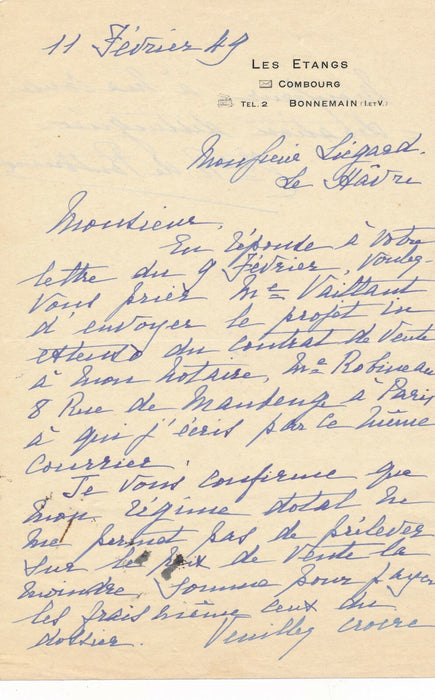 Famille Breuil de Pontbriand comte comtesse Combourg autographe 5 lettres Havre