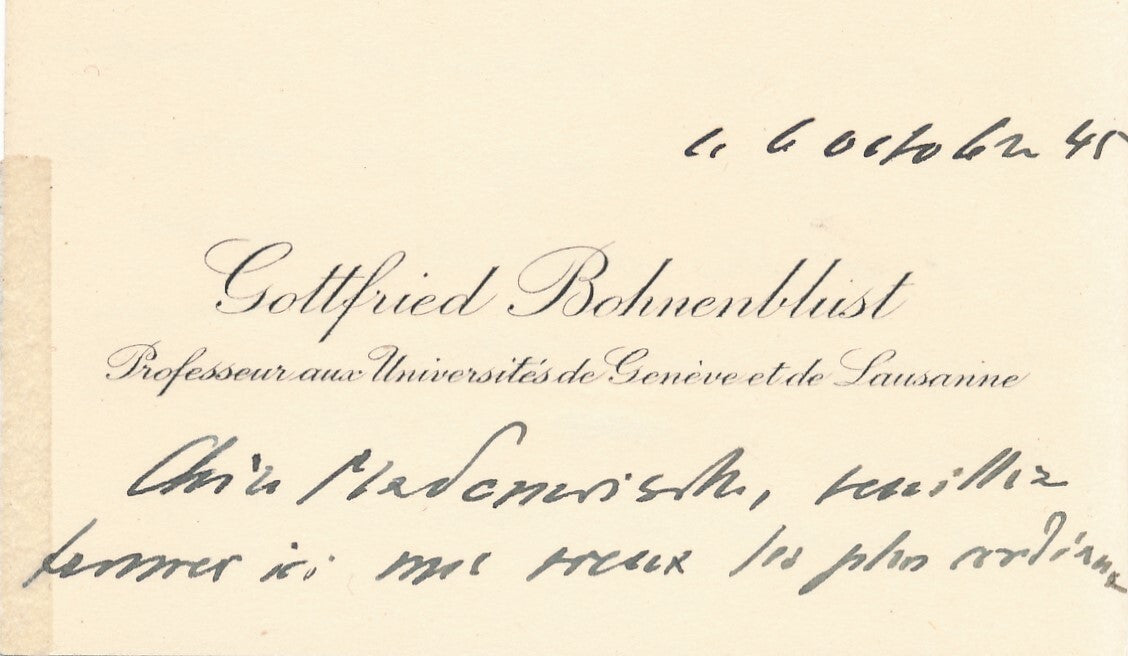 Suisse historien Gottfried BOHNENBLUST dédicade signée et 2 cartes de visite