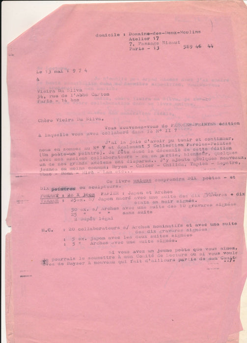 Sur Maria Helena VIEIRA DA SILVA Lettre autographe signée Guy Weelen