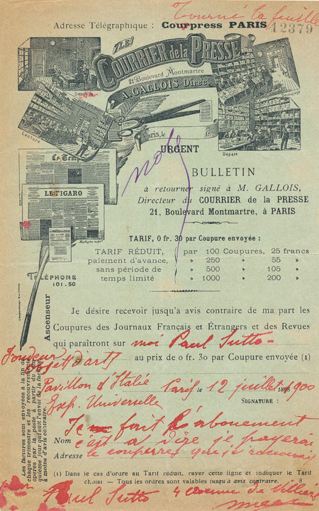Paul SUTTO fondeur italien lettre signée avec autographe Expo universelle 1900