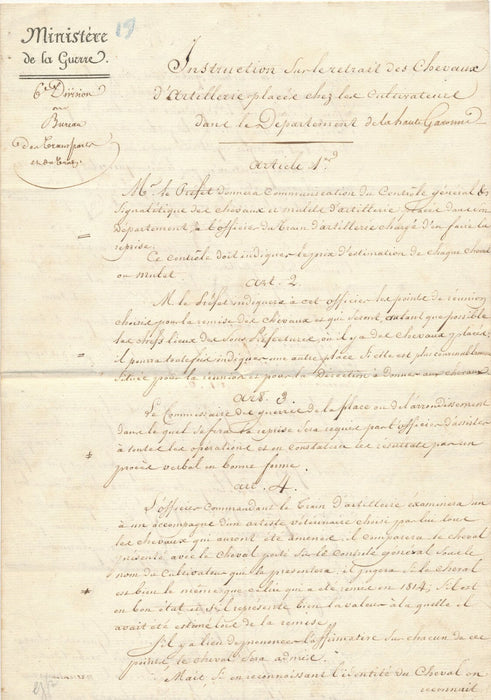 Louis ÉVAIN Pièce signée général Empire retrait chevaux Haute Garonne Artillerie