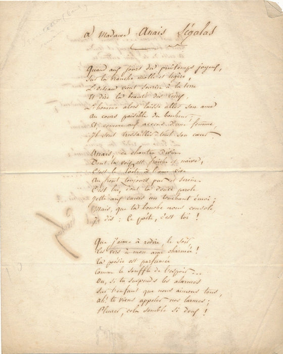 Paul PROUTEAU poème autographe signé à Anaïs SEGALAS