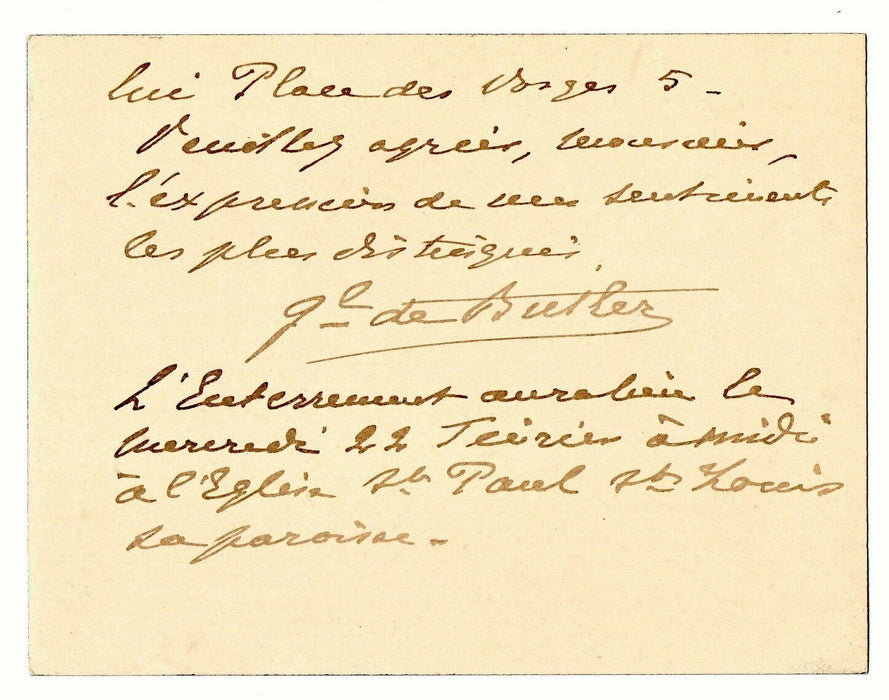 général Raymond de BUTLER 1839-1907 annonce décès de Jules Cousin bibliothécaire