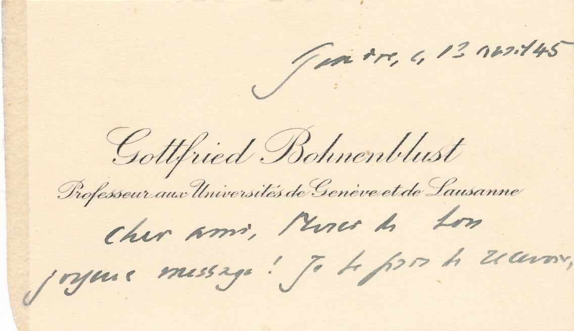 Suisse historien Gottfried BOHNENBLUST dédicade signée et 2 cartes de visite