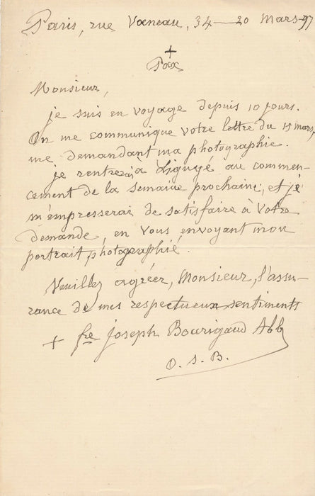 Joseph Benoît BOURIGAUD envoie son portrait photographique lettre Ligugé