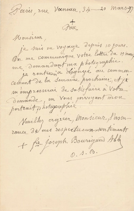 Joseph Benoît BOURIGAUD envoie son portrait photographique lettre Ligugé