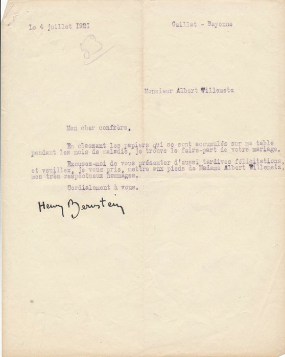 Henry BERNSTEIN à Albert WILLEMETZ 4 lettres Elvire Popesco probleme !