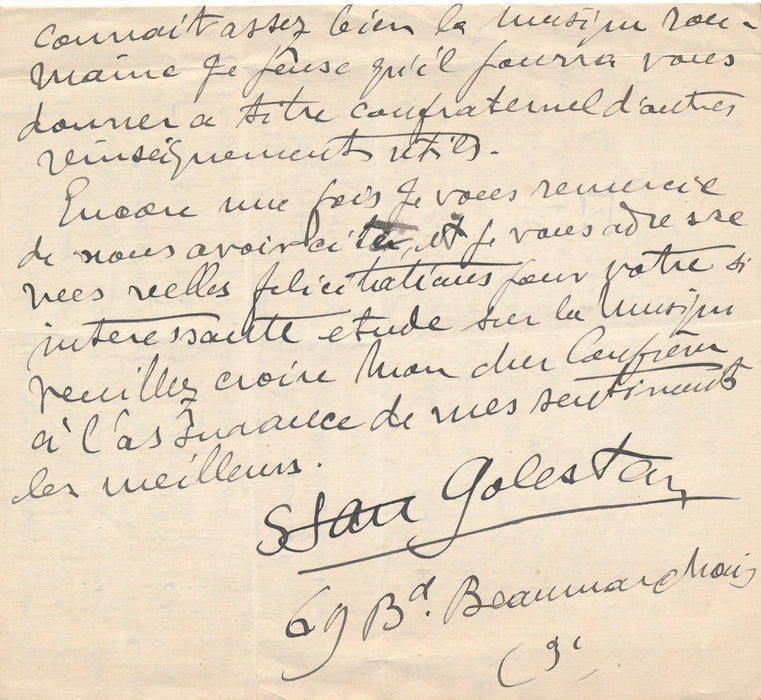 Stan GOLESTAN musique Roumain Lettre autographe signée Histoire musique Caudella