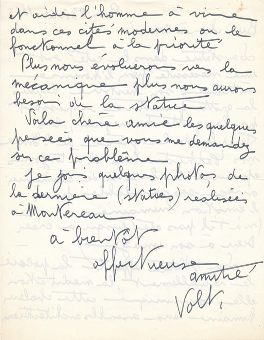 Antoniucci VOLTI belle lettre sur la nécessité statue autographe