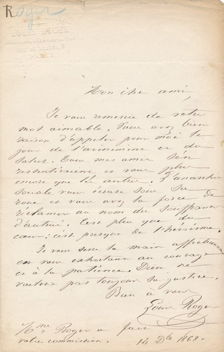 Louis Roger La Réforme musicale Galin-Paris-Chevé 2 lettres autographes signées