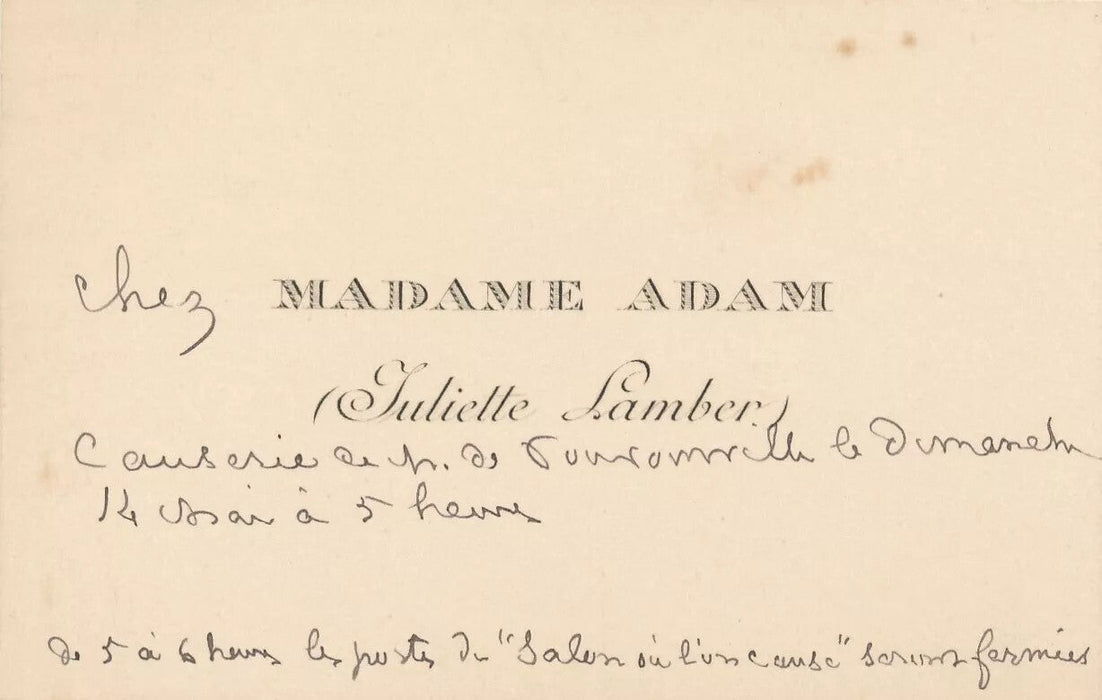 Lot Juliette ADAM écrivaine féministe 3 documents autographes et carte visite