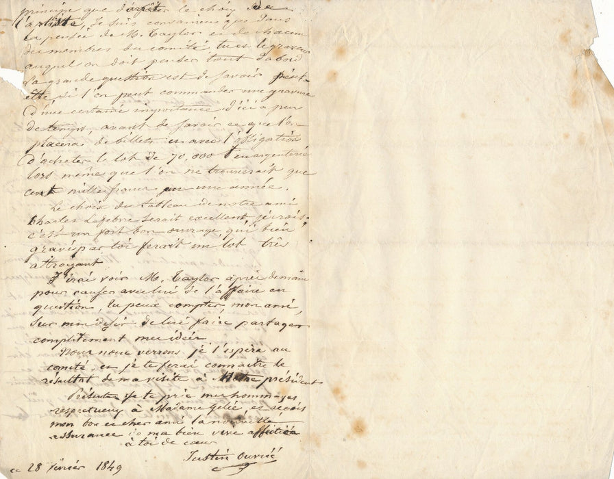 Justin OUVRIÉ Lettre autographe signée demande pour graver une peinture 1849