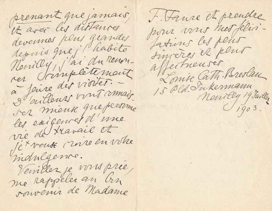 peintre Louise Catherine BRESLAU mariage Lucie Faure Goyau lettre autographe