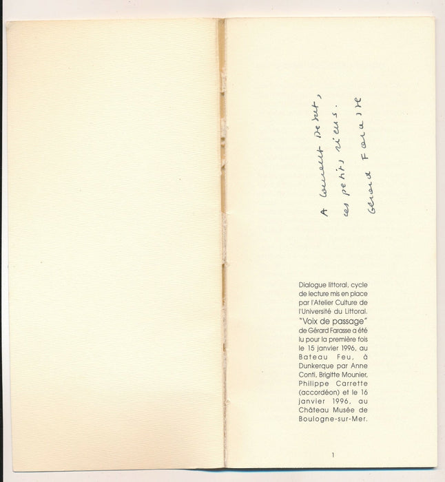 Gérard FARASSE : Voix de passage 1996 envoi autographe signé à Laurent Debut