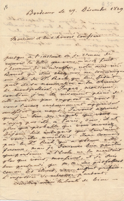 Jean Pierre Sylvestre de GRATELOUP nomination Hippolyte Rech lettre autographe