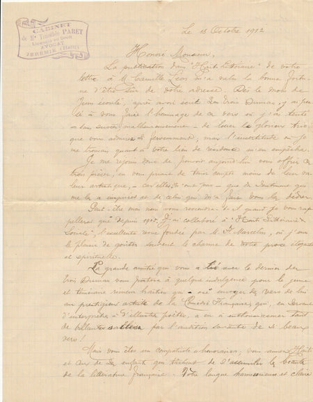 HAÏTI Timothée PARET écriain poète haïtien avocat lettre autographe signée