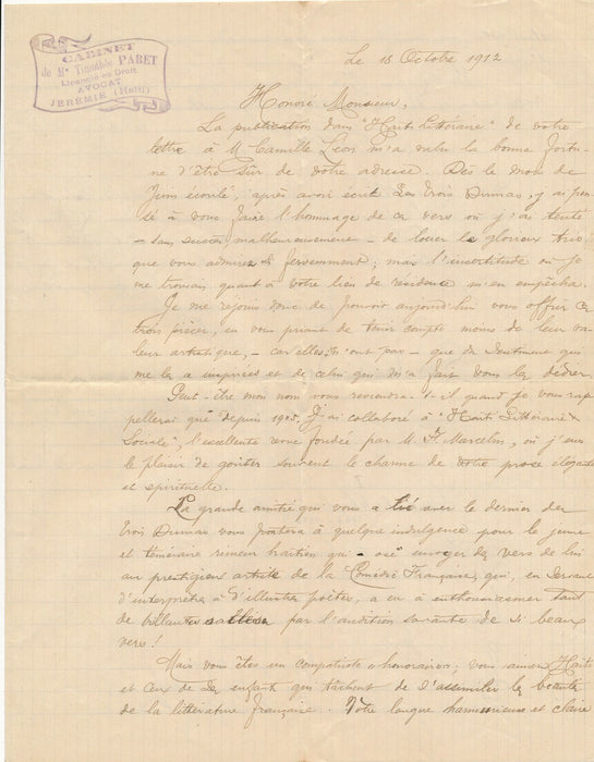 HAÏTI Timothée PARET écriain poète haïtien avocat lettre autographe signée