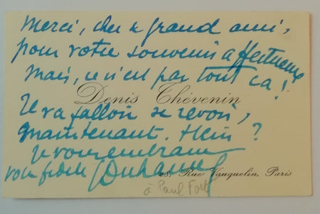 Georges Duhamel sous pseudonyme D. Thévenin carte autographe signée à Paul Fort