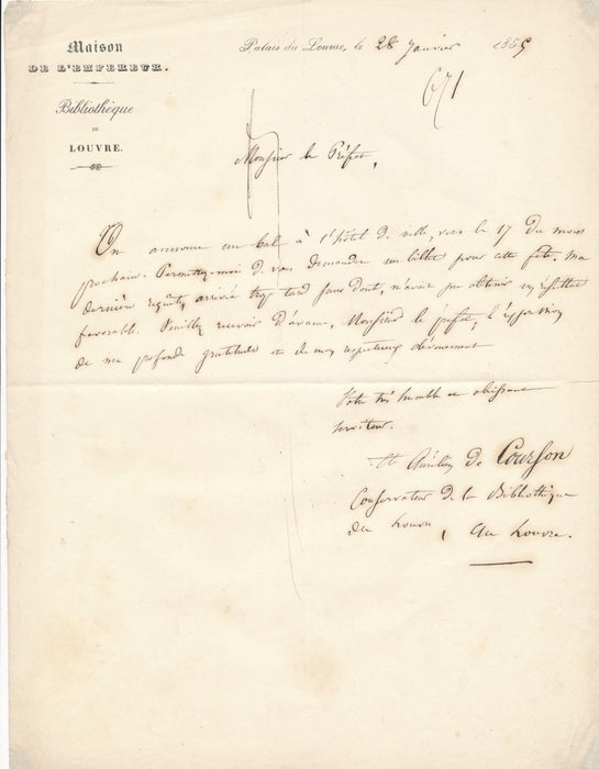 Aurélien de COURSON lettre signée une entrée pour un bal à l'hôtel de ville !