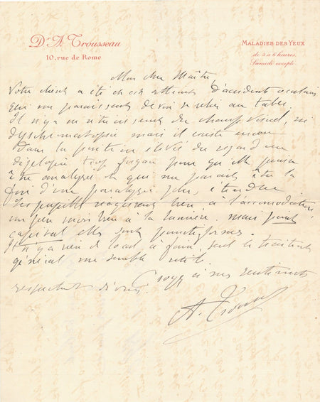 Armand-Henri TROUSSEAU ophtalmologue diagnostics maladie 2 lettres autographes