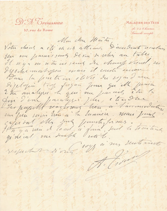 Armand-Henri TROUSSEAU ophtalmologue diagnostics maladie 2 lettres autographes