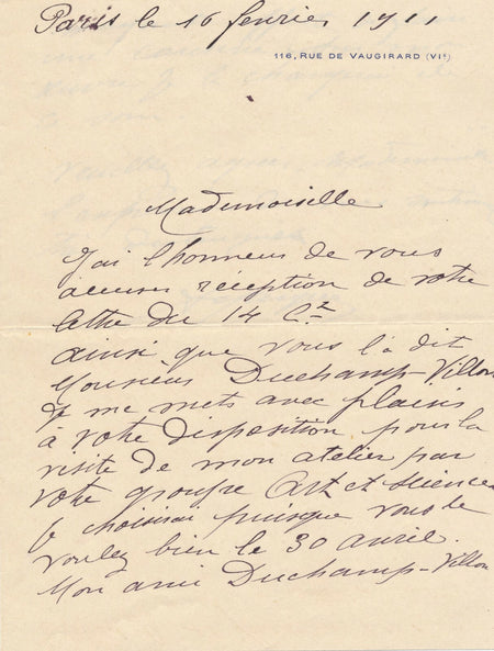 Albert MARQUE lettre autographe signée ami Duchamp Villon va faire une causerie