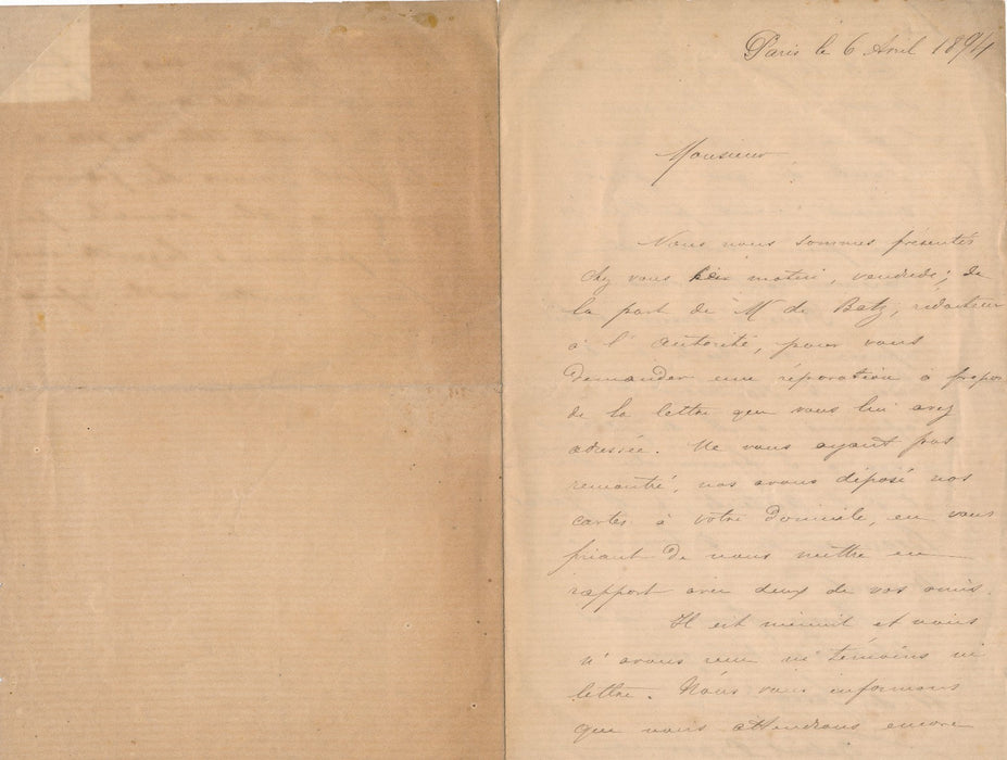 Un duel en perspective lettre autographe signée témoins 1894 Betz Autorité