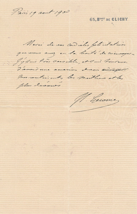 peintre Jean-Léon GÉRÔME lettre autographe signée remerciement