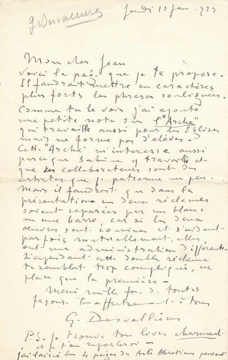 peintre Georges DESVALLIÈRES lettre autographe peinture religieuse et l’Arche.