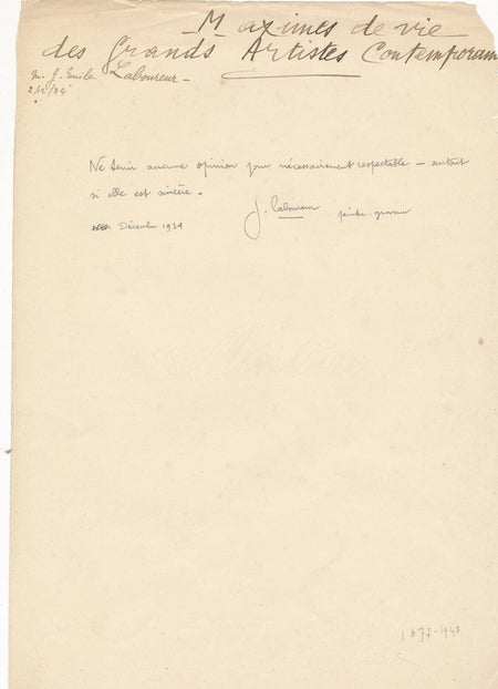 Art Jean Émile LABOUREUR maxime autographe signée 1934 opinion acceptable...