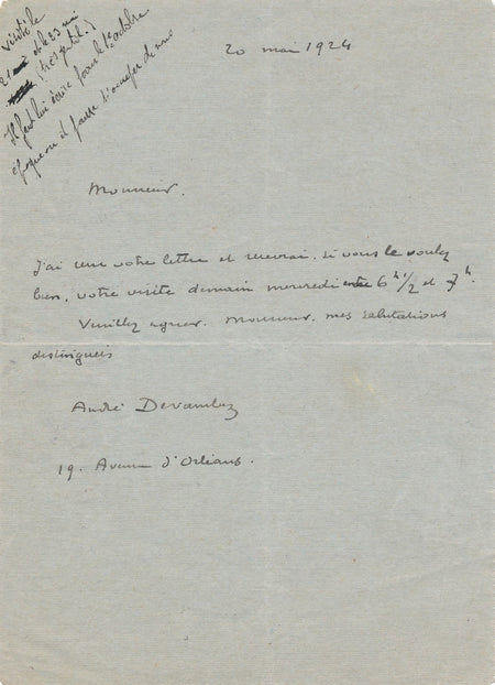 André DEVAMBEZ peintre illustrateur lettre autographe signée art