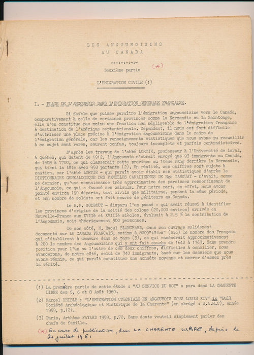 M. REIBLE Charente Angoumois émigrés Canada Louis XIV et XV autographe