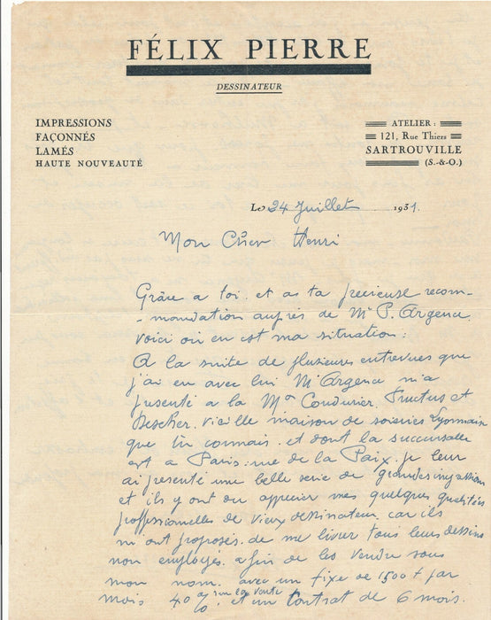 Félix PIERRE Sartrouville dessinateur 6 lettres à Henri Béraud écrivain