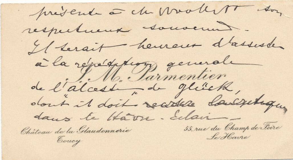 carte Adressée à Henri WOOLLETT (1864-1936), compositeur Alceste de Gluck.