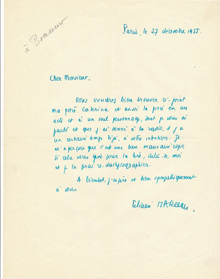 Félicien MARCEAU lettre autographe signée à Brasseur Caterina 