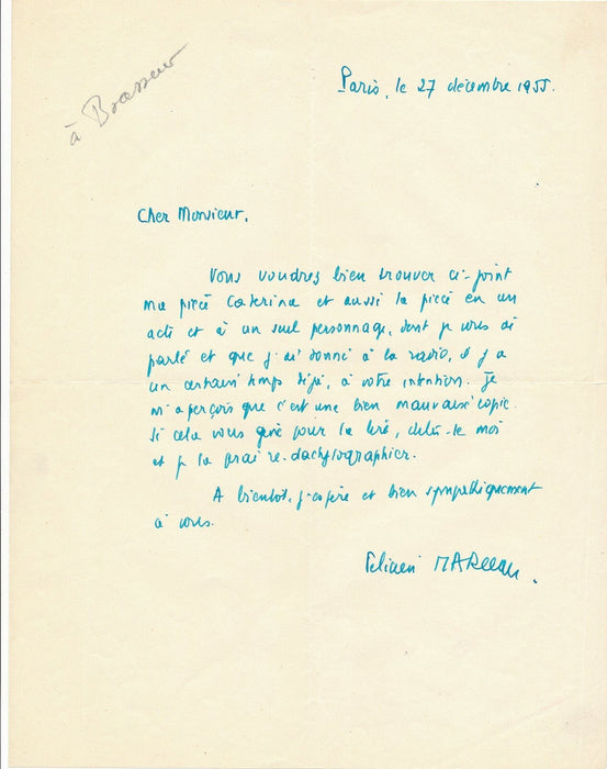 Félicien MARCEAU lettre autographe signée à Brasseur Caterina 