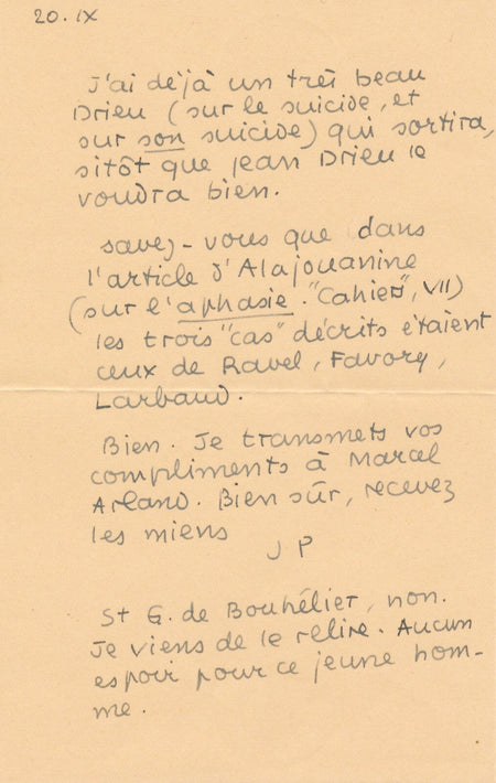 Jean PAULHAN Lettre autographe signée Drieu Alajouanine Arland Bouhélier