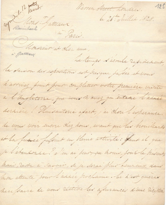 Abraham RAIMBACH graveur lettre autographe Jacques Édouard GATTEAUX