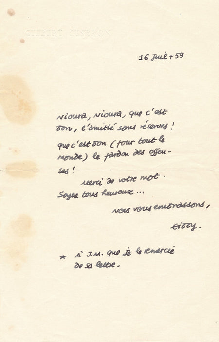 Gilbert CESBRON le pardon des offenses lettre autographe signée 1959