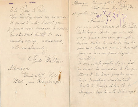 Grete WALDAU 2 lettres autographes signées Exposition universelle Paris presse