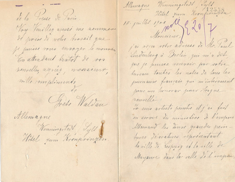 Grete WALDAU 2 lettres autographes signées Exposition universelle Paris presse