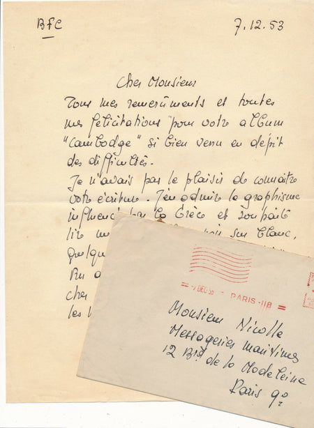 Guy PORÉE à Roger Nicolle sur album Cambodge lettre autographe sigée