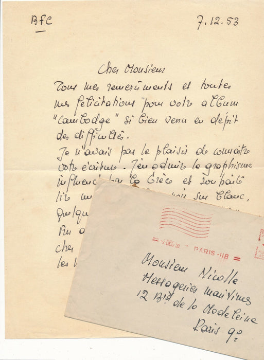 Guy PORÉE à Roger Nicolle sur album Cambodge lettre autographe sigée
