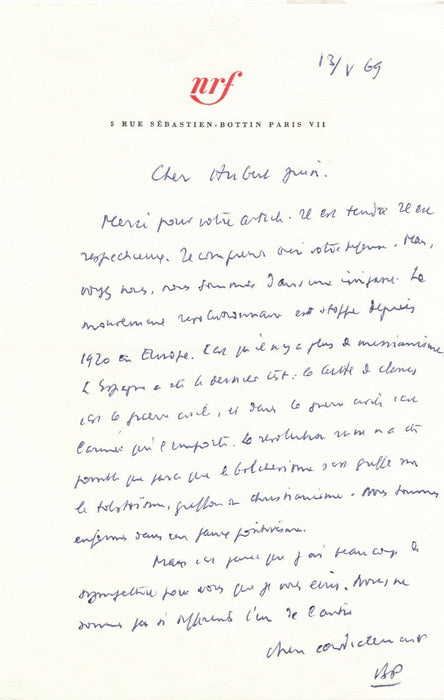 Brice PARAIN belle lettre politique sur révolution autographe signée Hubert Juin